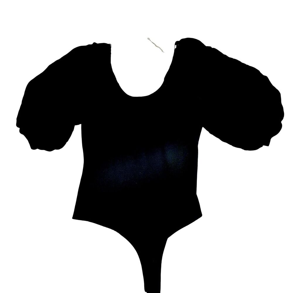 CES FEMME Black Bodysuit Women’s XL Puffy Ruched Half Sleeves Ribbed Knit Top